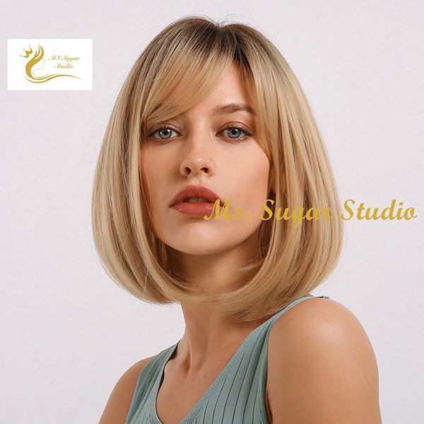 Short Blond Bob Wig With Bangs/ Fashion Blonde Ombré Wig/ Short Straight Hair/ Heat Resistant Wig/ Natural Look Hair/ Party Wig/ Styled Wig