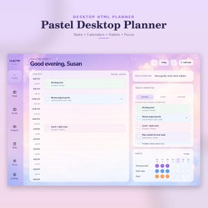 May include: A digital desktop HTML planner interface with a pastel purple cloud background. The layout features a sidebar with navigation icons, a daily schedule from 8:00 AM to 6:00 PM, a priorities list, and a habit tracker with colored dots.