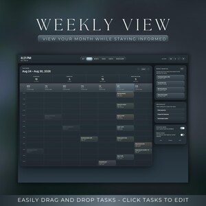 Op de afbeelding: Een digitale weekplanner-interface met een donker thema en een kalenderraster voor 24-30 augustus 2026. De lay-out bevat een navigatiebalk, een centraal weekschema met tijdstippen en een zijbalk voor wekelijkse prioriteiten en taken.
