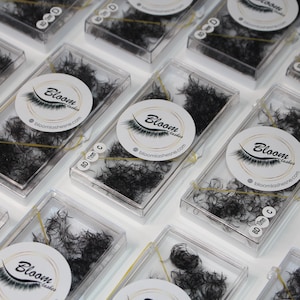 May include: Multiple clear plastic containers filled with black eyelash extensions. Each container has a white circle label with the text "Bloom Lashes" and a website address. The containers are labeled with the text "8D 15mm C" and "8D 15mm D".