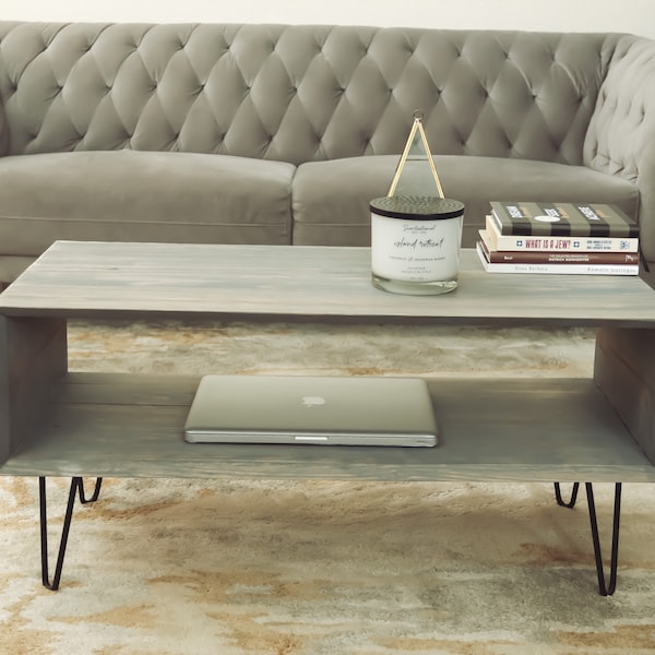 Mid Century Coffee Table. Natural Wood Table. TV Stand. Modern. Minimalist. Living room table with storage.