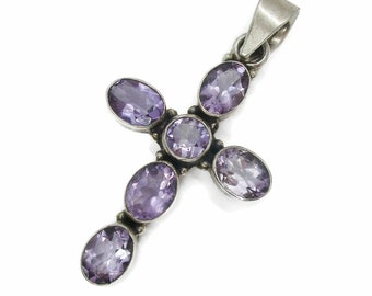 Vintage amethyst sterling silver cross pendant, purple gemstone pendant