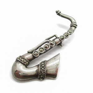 Vintage saxophone brooch, sterling silver saxaphone pin, musical instrument jewellery
