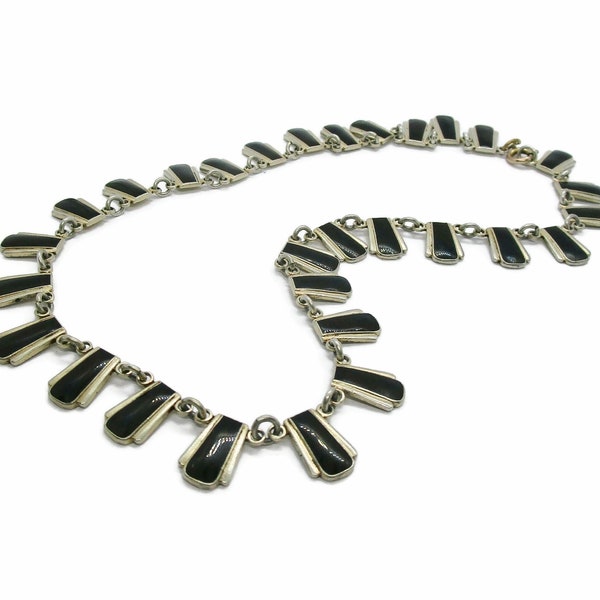 Volmer Bahner black enamel necklace, vintage enamel and silver necklace, vintage Danish jewellery