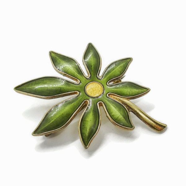 Aksel Holmsen green flower enamel brooch, floral mid century sterling silver enamel pin from Norway, Scandinavian jewellery