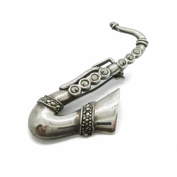 Vintage saxophone brooch, sterling silver saxapho… - image 4