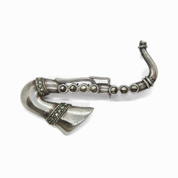 Vintage saxophone brooch, sterling silver saxapho… - image 5