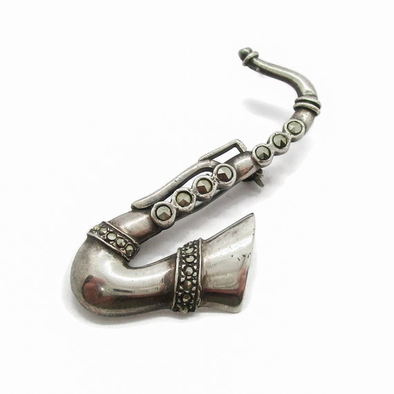 Vintage saxophone brooch, sterling silver saxapho… - image 1
