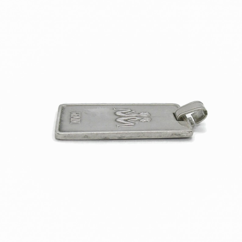 Puede incluir: Pendiente de plata con un s&iacute;mbolo del zod&iacute;aco G&eacute;minis y la palabra "GEMINI" grabada en la parte delantera.