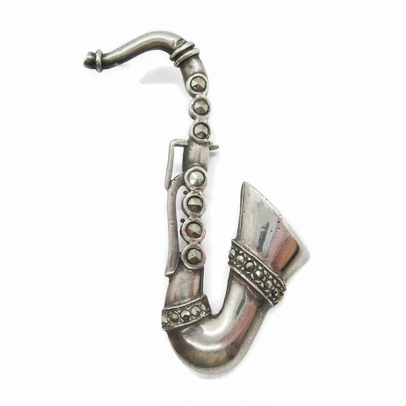 Vintage saxophone brooch, sterling silver saxapho… - image 2