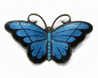 Broche vintage de mariposa de plata de ley con esmalte azul Hroar Prydz, Noruega