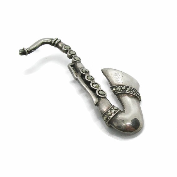 Vintage saxophone brooch, sterling silver saxapho… - image 3