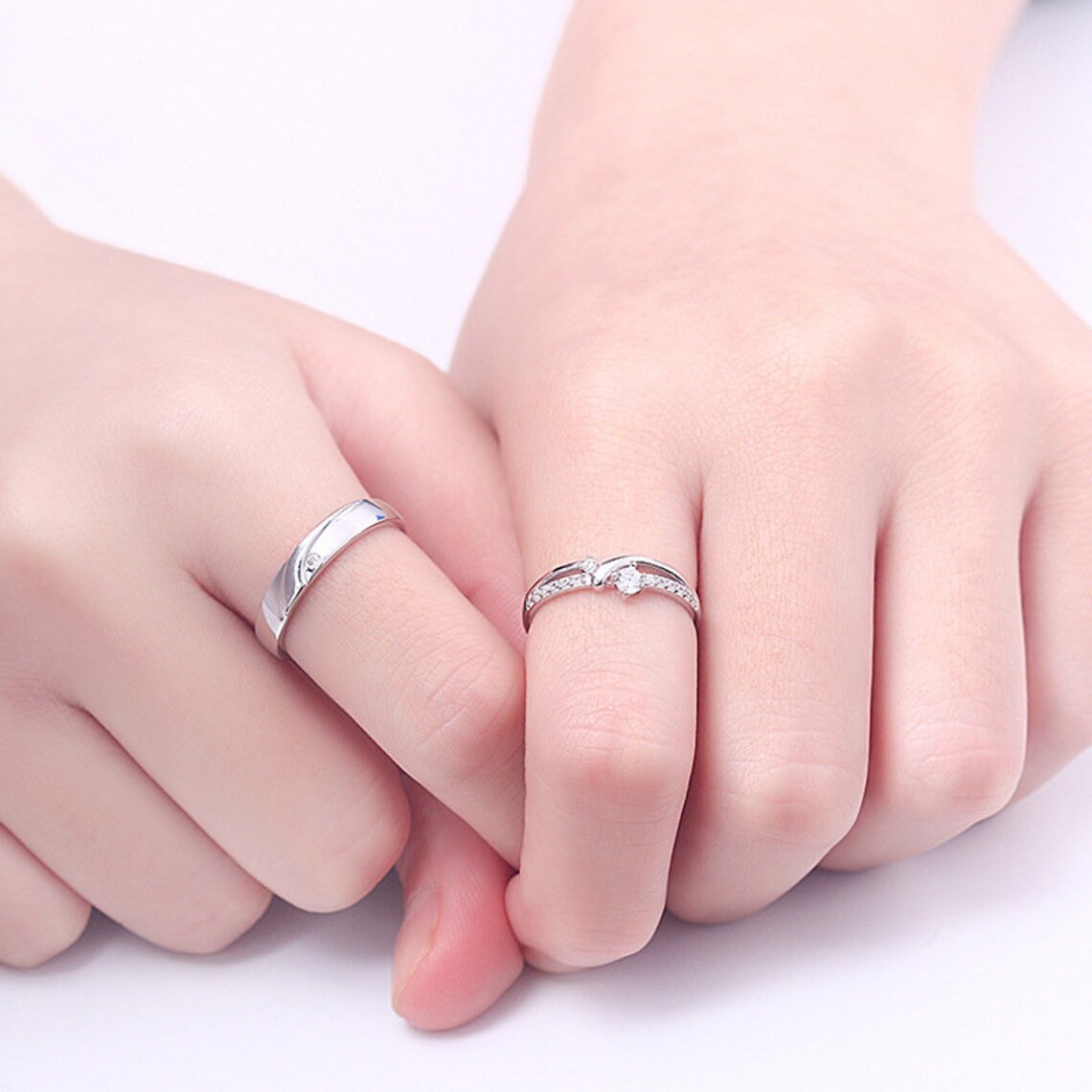 Diamond Couple Bands Silver Couple Rings Engagement Promise Etsy