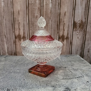 Westmoreland 1940s Candy Dish with Lid Clear and Iridescent Ruby with English Hobnail Waterford