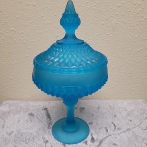 Vintage Indiana Glass Blue with Satin Finish Diamond Pattern Lidded Pedestal Candy Dish