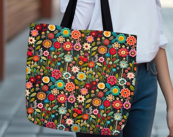 Floral Tote Bag, Polyester Shoulder Bag