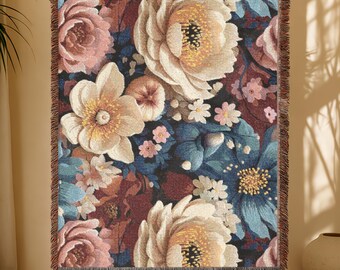 Manta/colcha decorativa tejida con tapiz floral vintage, estilo bohemio para el hogar.