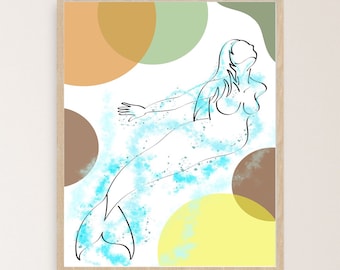 Arte de pared de sirena embarazada, arte de pared boho embarazada, sirena embarazada minimalista, arte de pared de línea, arte lineal, arte bajo el muro del mar, natación
