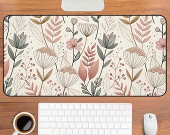 Alfombrilla de escritorio floral de mediados de siglo / Estampado retro de margaritas, tonos neutros