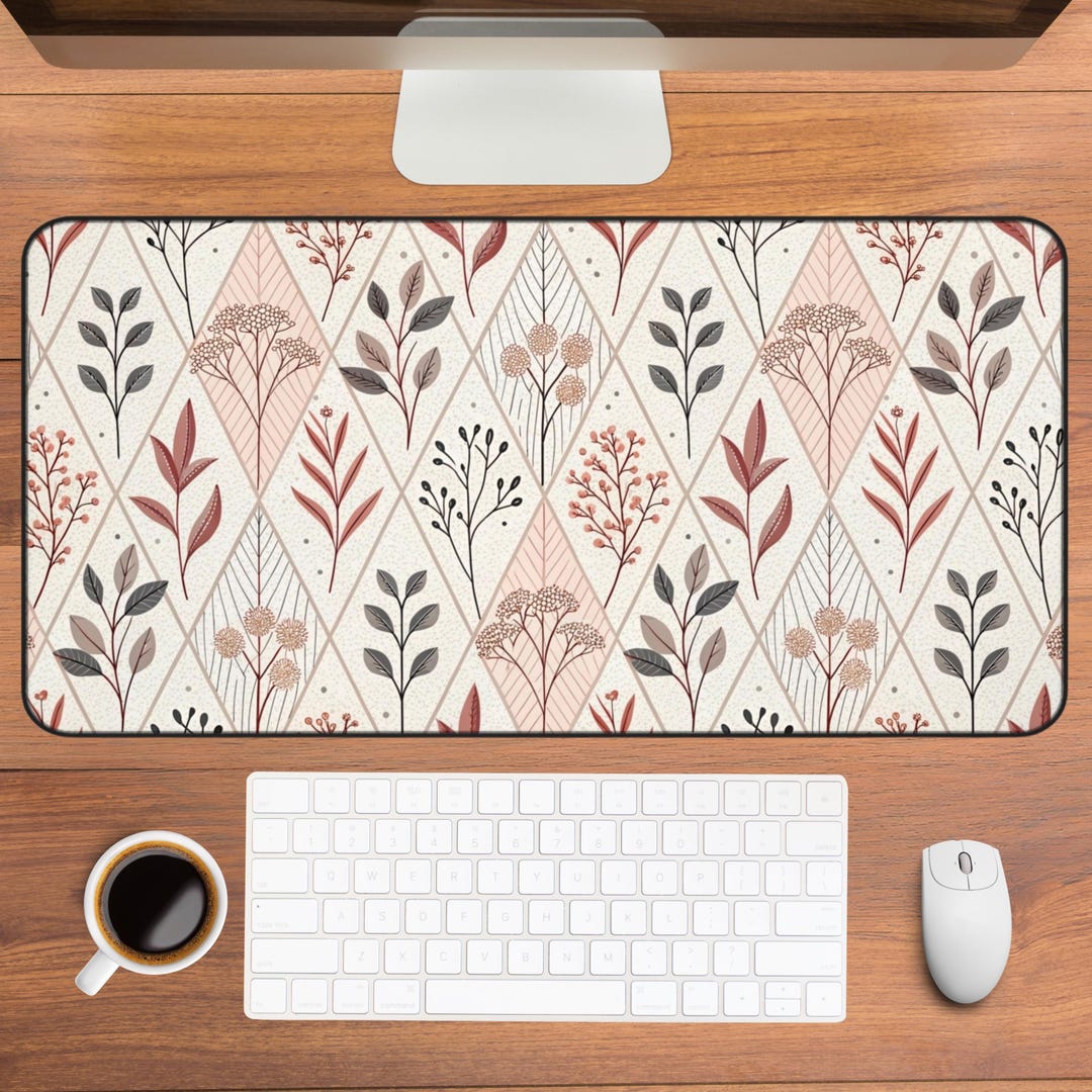 Botanical Diamond Pattern Desk Mat | Neutral Floral Office Mousepad - Etsy
