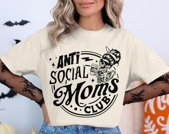 Anti-sociale Moms Club Skeleton Messy Bun Coffee Mom T-shirt en sweater | Grappig sarcastisch introverte moedershirt cadeau voor haar