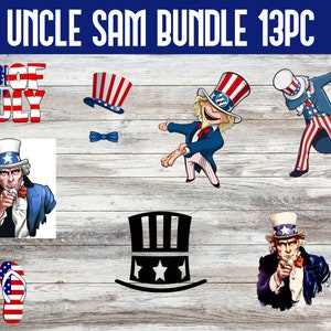 May include: A digital clipart bundle of 13 Uncle Sam images. The images include Uncle Sam in various poses, such as a dabbing pose, a pointing pose, and a waving pose. The images are in a cartoon style and feature red, white, and blue colours. The images are perfect for use in digital projects, such as scrapbooking, card making, and web design.