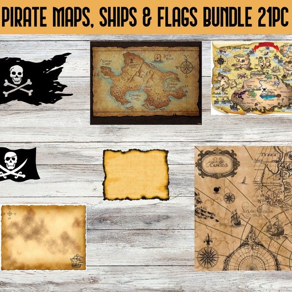 TREASURE MAPS and Pirate Flag Bundle, Pirate Map, Pirate Party Decor, Pirate Flag, Treasure Map png, Skulls and Crossbones Flag