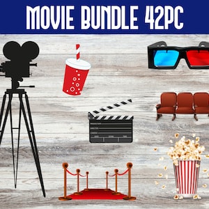 Clipart imprimible de una noche de cine con entradas de palomitas de maíz y gráficos