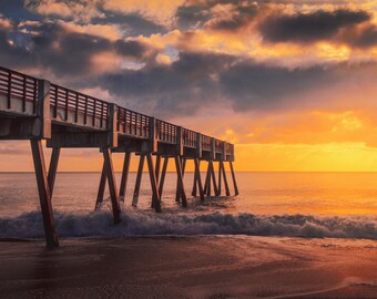 Vero Beach Pier Golden Sunrise- Lienzo Acrílico Metal Premium Papel Impresión Arte, Decoración de Fotografía