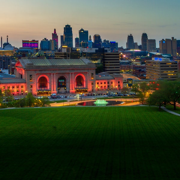 Kansas City Skyline in the Evening after Sunset from Liberty Museum - Union Station- Canvas and Glossy Paper Print