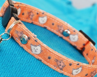 Orange Cat Print Suede Cat Collar: Breakaway and Non-Breakaway Options, with Bell