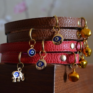 Evil Eye Leather Cat Collar, Breakaway Cat Collar, Cat Collar Charm, Non-Breakaway Cat Collar, Cat Collar With Bell