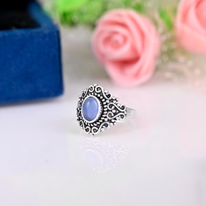 Oval Blue Chalcedony Ring: Handmade 925 Sterling Silver