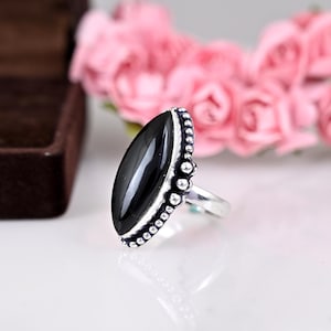 Sterling Silver Black Onyx Marquise Ring: Boho Statement Jewelry