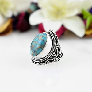 Oval Copper Turquoise Ring: Sterling Silver Boho Ring