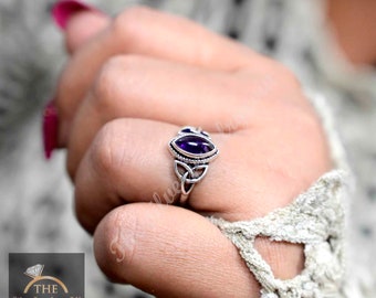 Brass Silver Amethyst Ring: Celtic Knot Marquise Gemstone