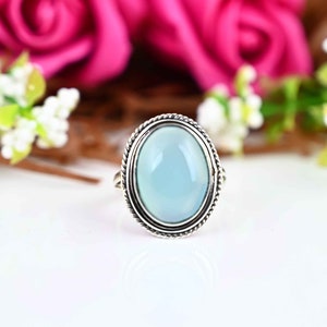 Oval Aqua Chalcedony Ring: Sterling Silver Stacking Band