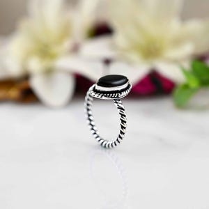 Dainty Marquise Black Obsidian Ring: 925 Sterling Silver Band