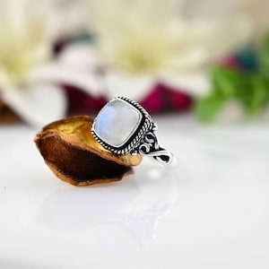 Handmade Square Moonstone Ring: Sterling Silver Bohemian Jewelry