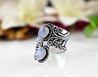 Dainty Rainbow Moonstone Ring: Boho Brass Silver Bohemian Jewelry