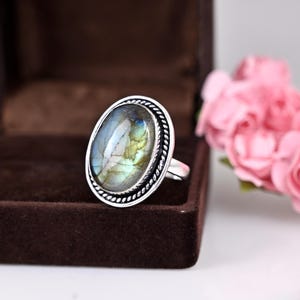 Labradorite Ring for Women, Sterling Silver Ring, Boho Ring, Natural Large Big Blue Stone Ring, Statement Ring
