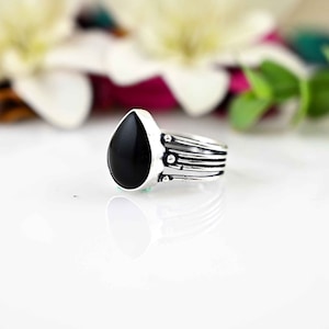 Pear Black Obsidian Ring: 925 Sterling Silver Gemstone Ring
