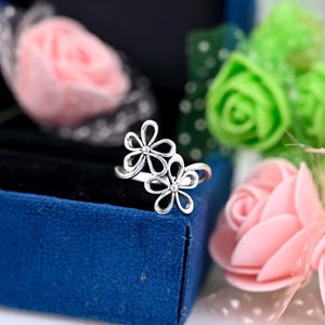 Sterling Silver Two Flower Ring: Dainty Boho Statement Ring