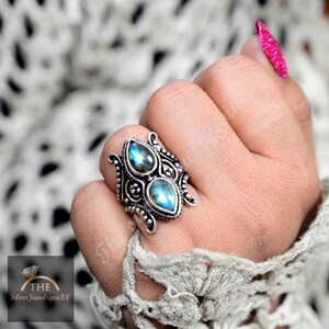 Genuine Pear Labradorite Silver Ring: Boho Statement Jewelry