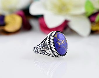 Vintage Ring Aus 925er Silber Mit Türkis – Verstellbar, Hohles Muster, Stein 12x14 Mm