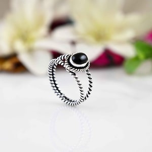 Dainty Oval Black Obsidian Ring, 925 Sterling Silver