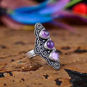 Natural Amethyst Sterling Silver Ring: Boho Hippie Jewelry