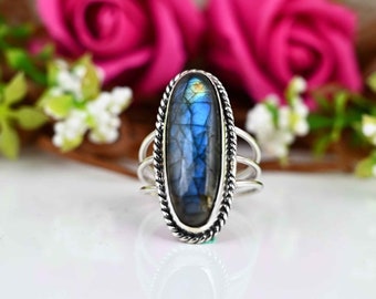 Labradorite Ring In 925 Sterling Silver - Vintage Tribal Boho Style, US Sizes 7-10
