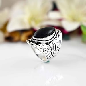 Black Obsidian Marquise Ring: 925 Sterling Silver Big Stone