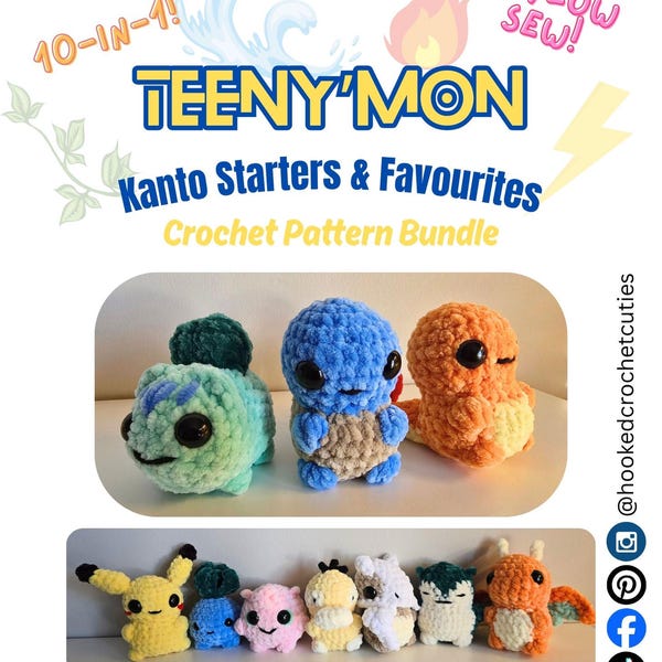 Paquete de patrones de crochet 10 en 1 de Kanto para principiantes y favoritos de Teeny'mon